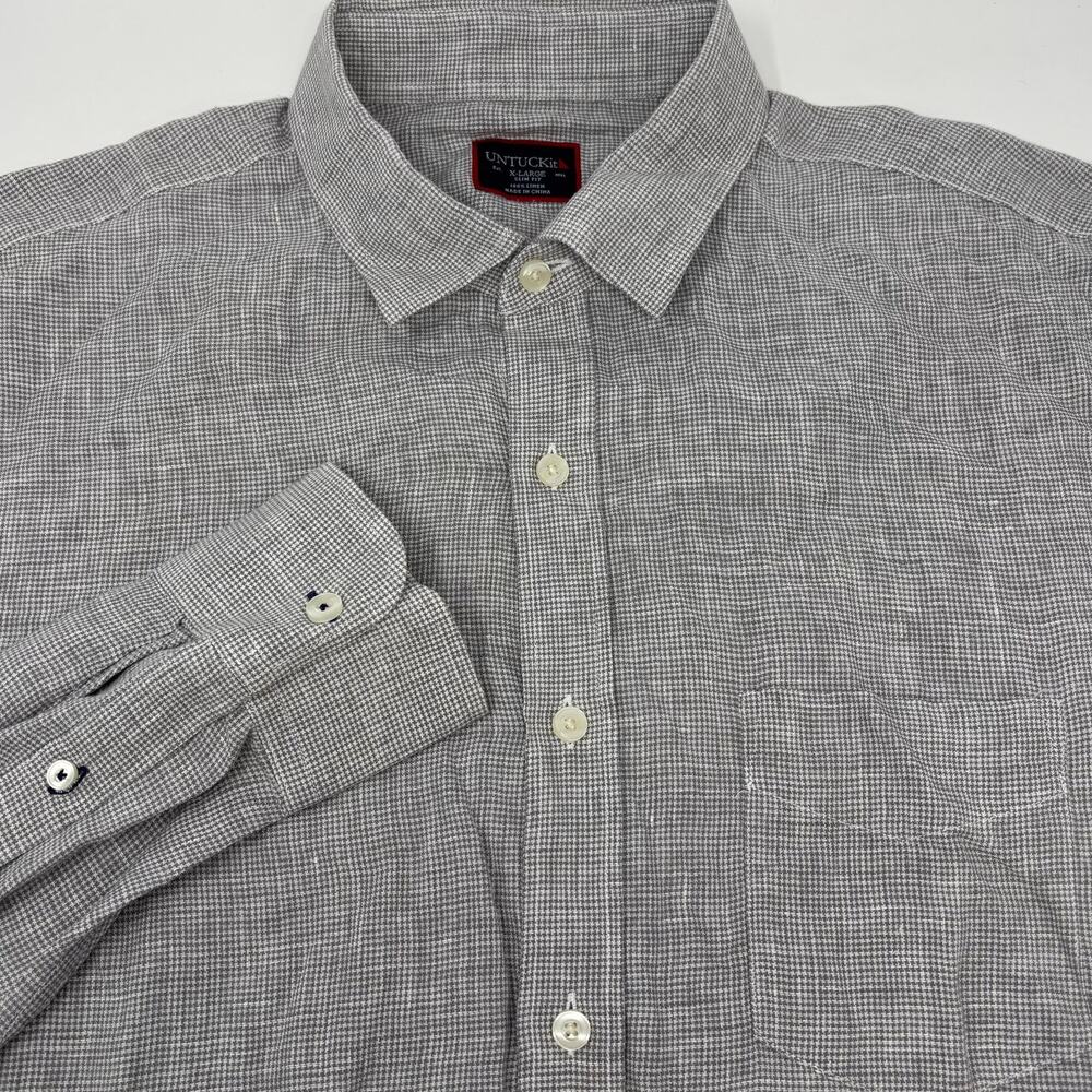 Untuckit Mens XL Gray Houndstooth Pattern Long Sleeve Button Up Linen Shirt